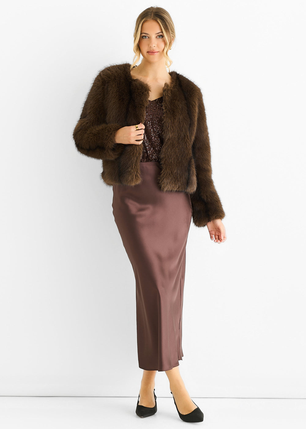 Coffee Round Neck Faux Fur Cropped Jacket - jqwholesale.com