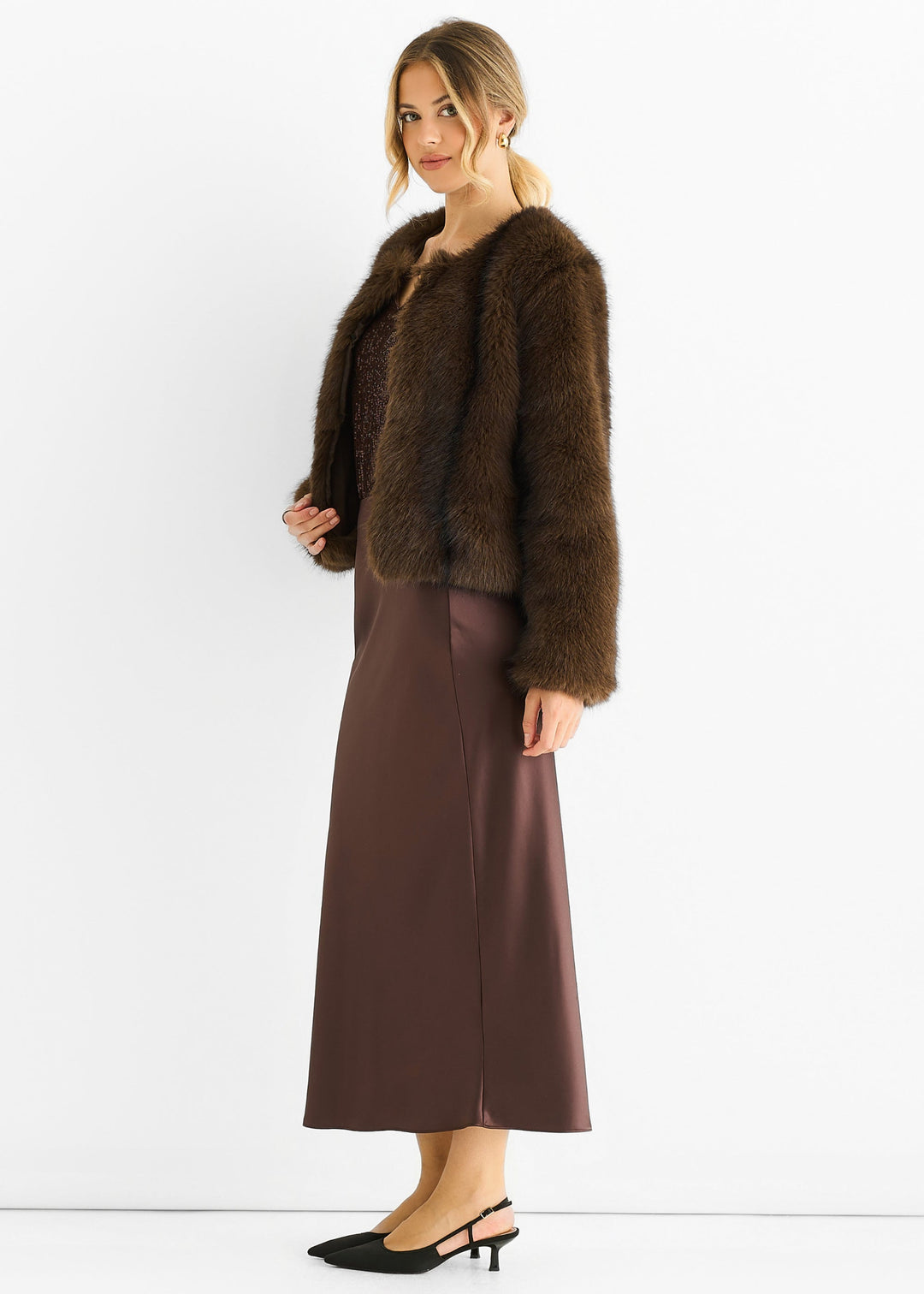 Coffee Round Neck Faux Fur Cropped Jacket - jqwholesale.com