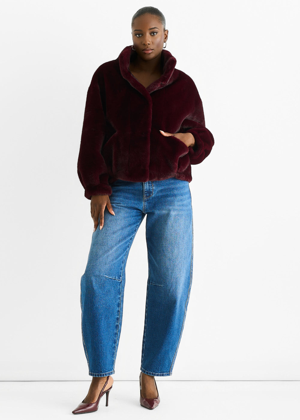 Angora Red Funnel Neck Button Up Faux Fur Jacket - jqwholesale.com
