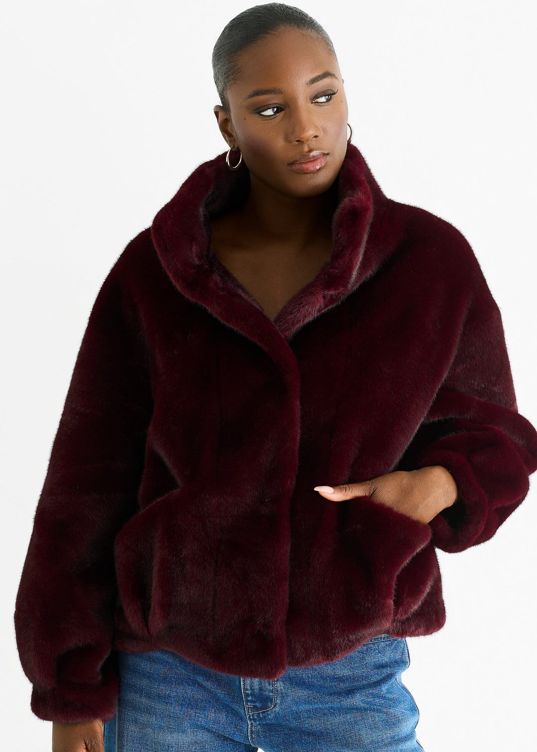 Angora Red Funnel Neck Button Up Faux Fur Jacket - jqwholesale.com