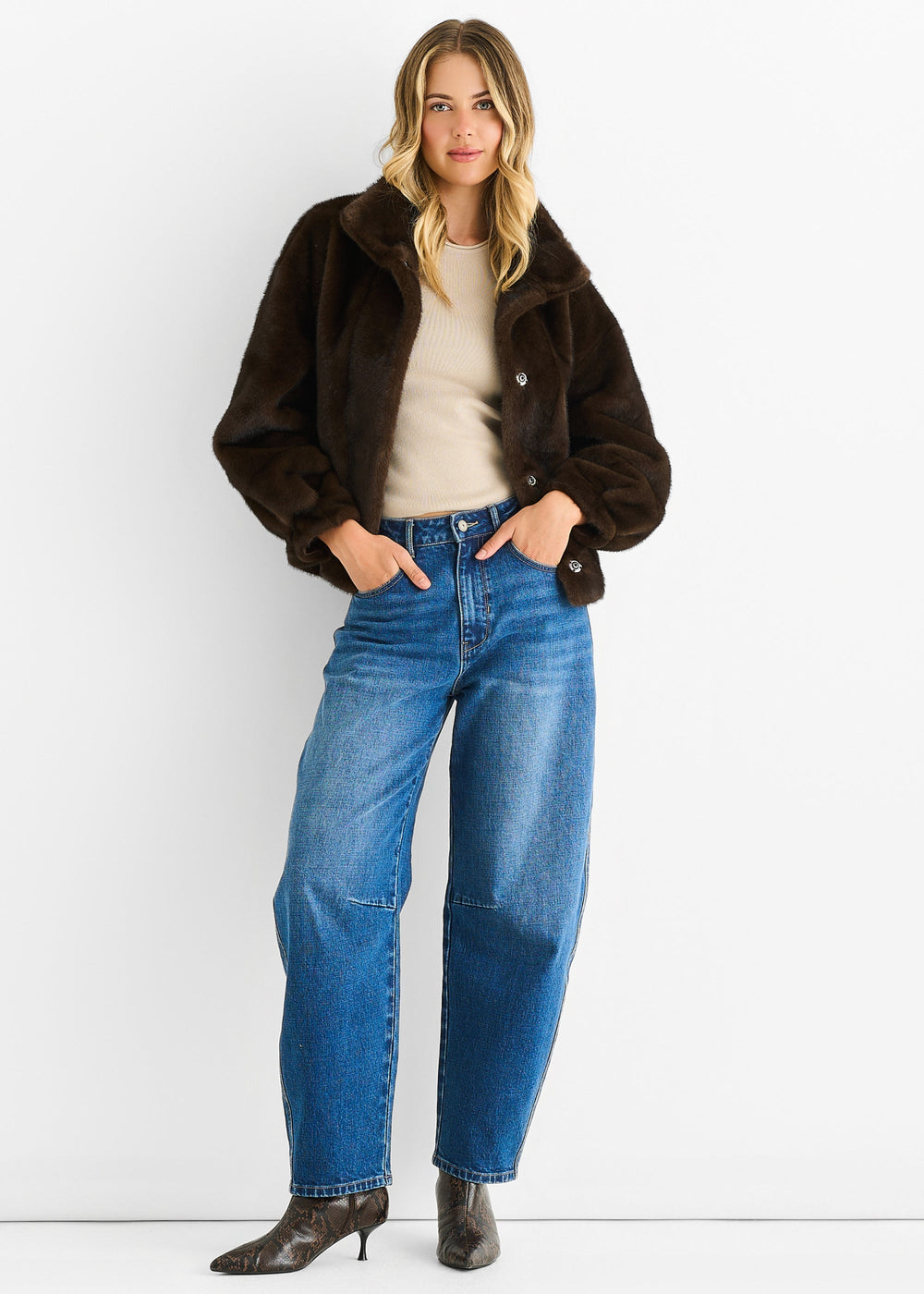 Coffee Funnel Neck Button Up Faux Fur Jacket - jqwholesale.com