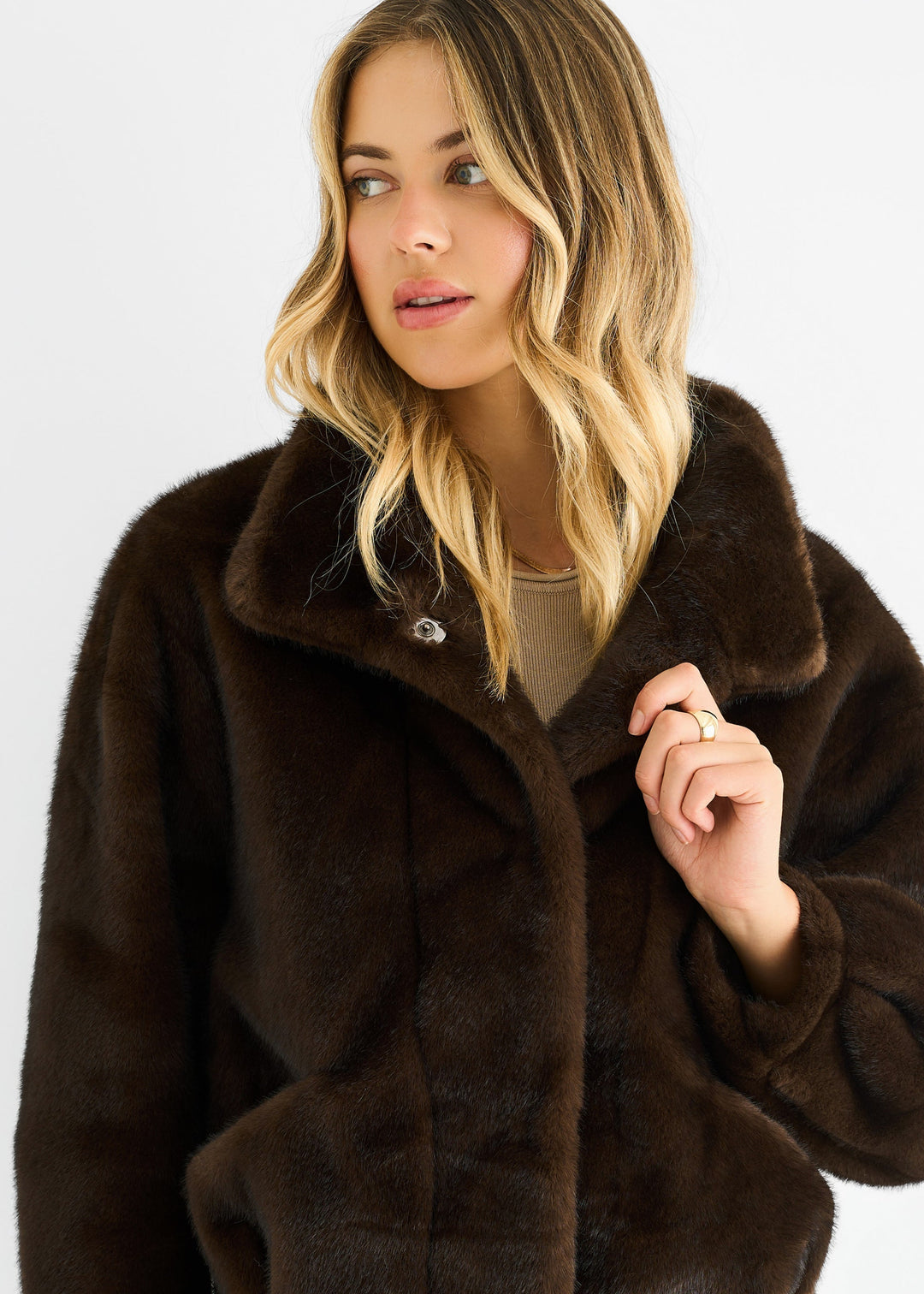 Coffee Funnel Neck Button Up Faux Fur Jacket - jqwholesale.com