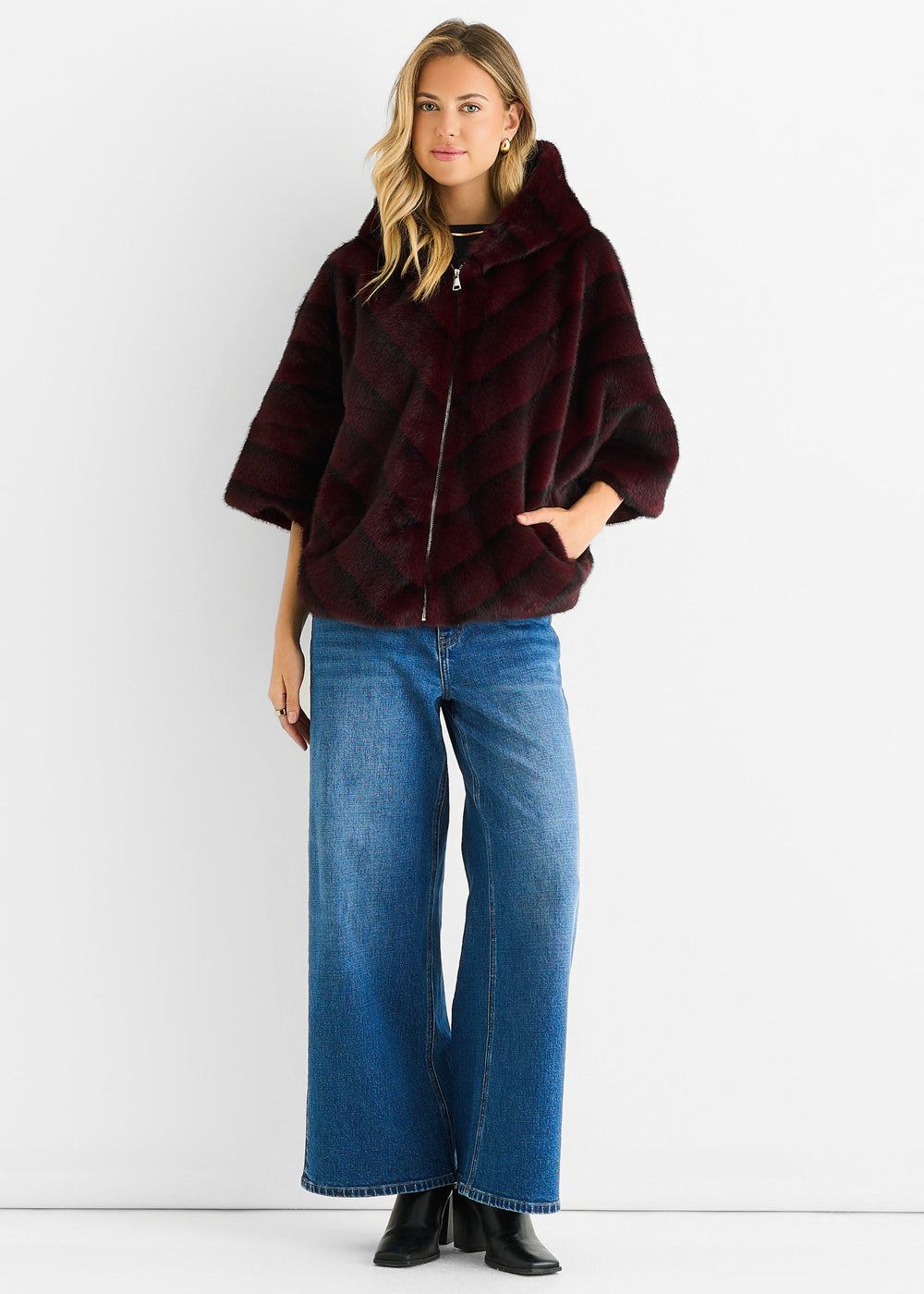 Burgundy Hooded Chevron Faux Fur Cape Jacket - jqwholesale.com