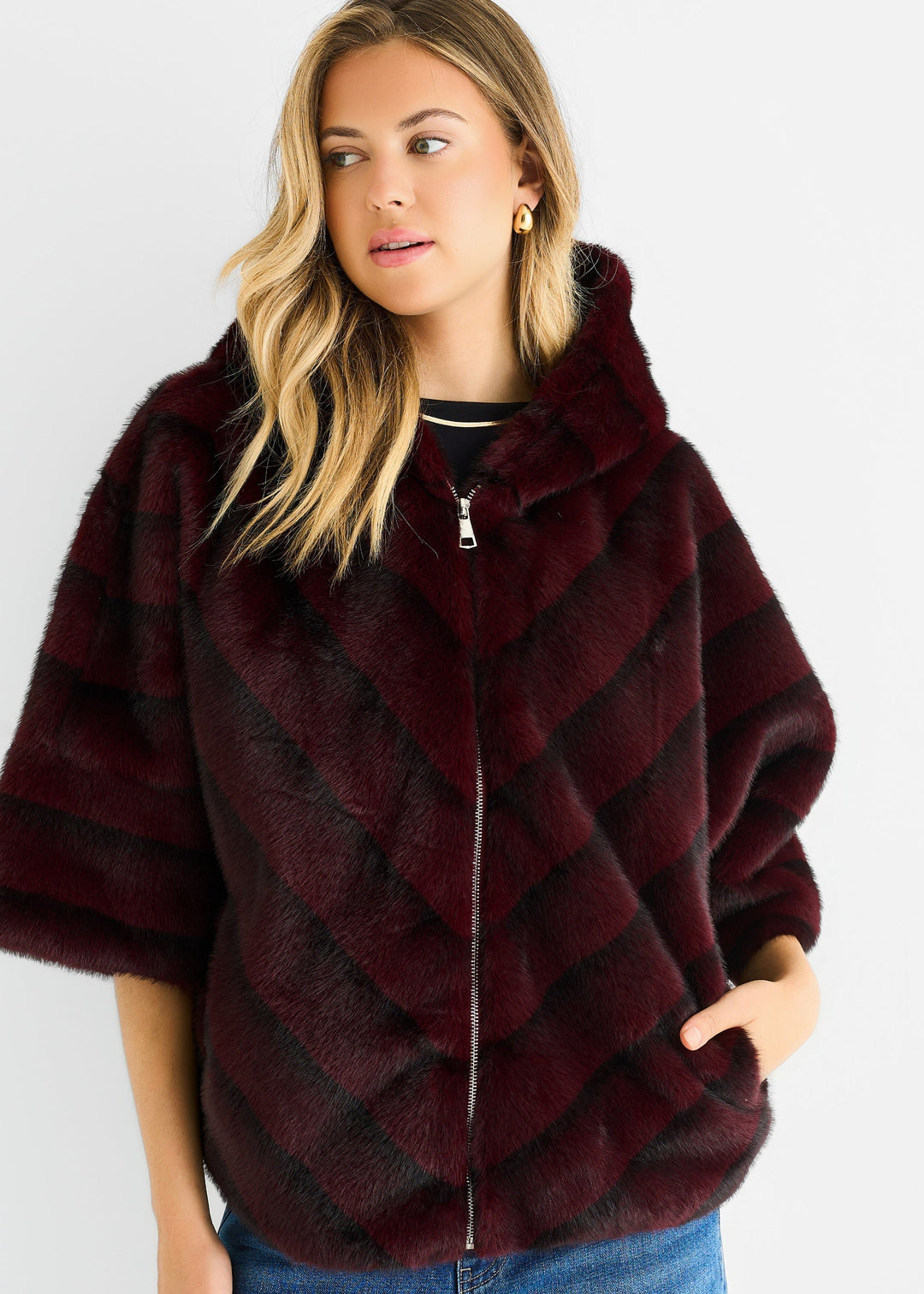 Burgundy Hooded Chevron Faux Fur Cape Jacket - jqwholesale.com
