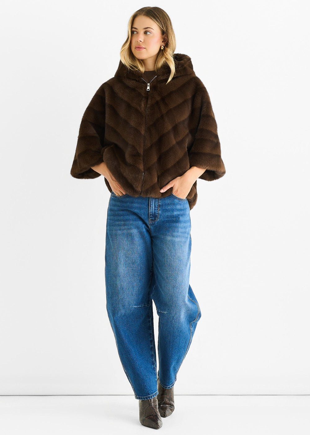 Coffee Hooded Chevron Faux Fur Cape Jacket - jqwholesale.com