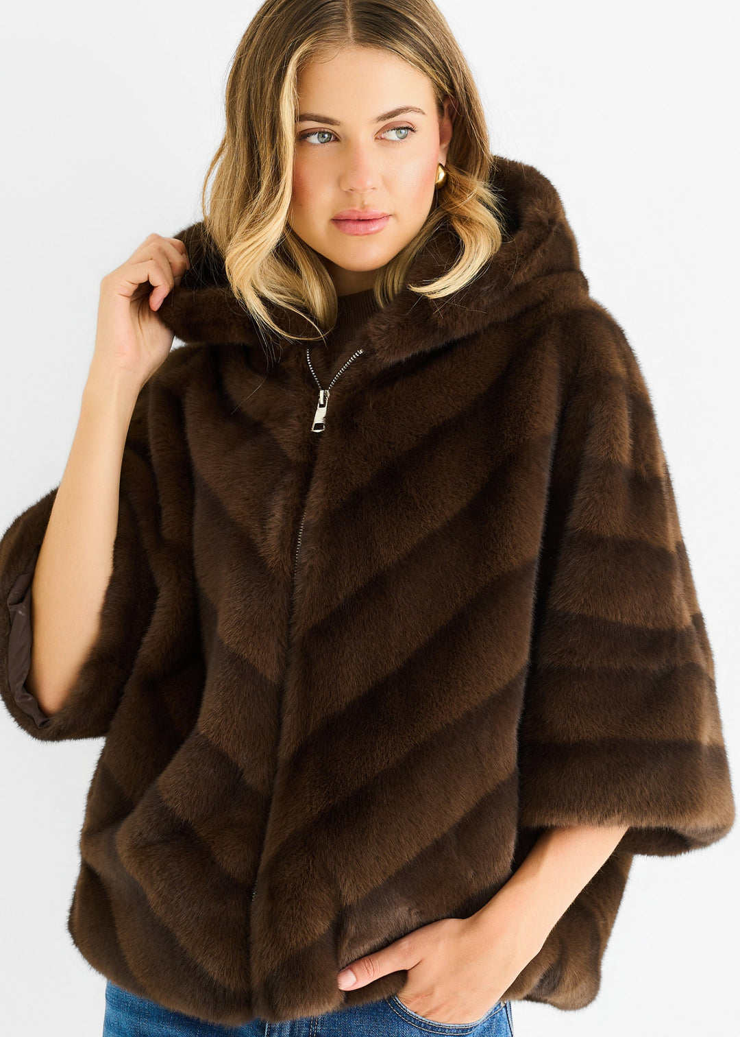 Coffee Hooded Chevron Faux Fur Cape Jacket - jqwholesale.com