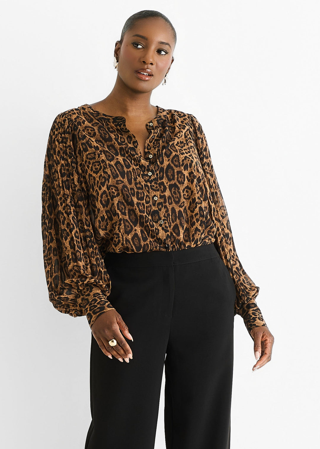 Brown Chiffon Animal Print Pleated Shift Shirt Blouse - jqwholesale.com