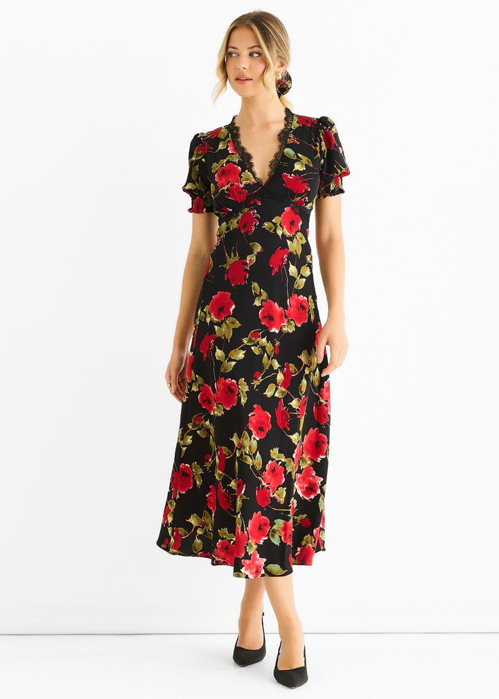 Black Floral Lace Trim Detail Midi Dress - jqwholesale.com