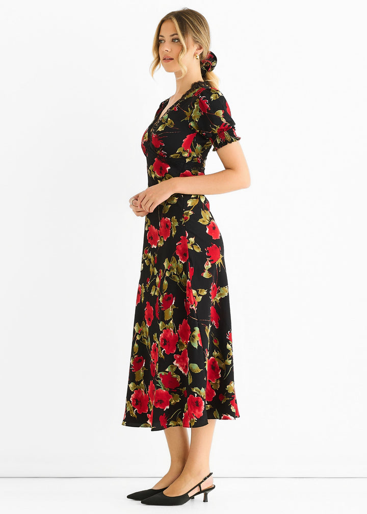 Black Floral Lace Trim Detail Midi Dress - jqwholesale.com