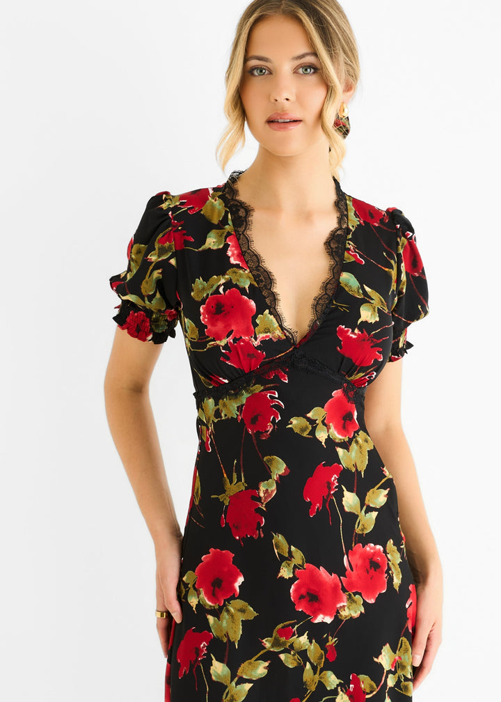 Black Floral Lace Trim Detail Midi Dress - jqwholesale.com