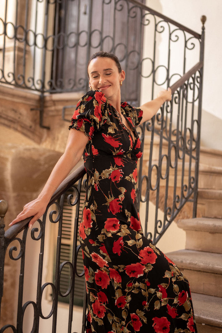 Black Floral Lace Trim Detail Midi Dress - jqwholesale.com