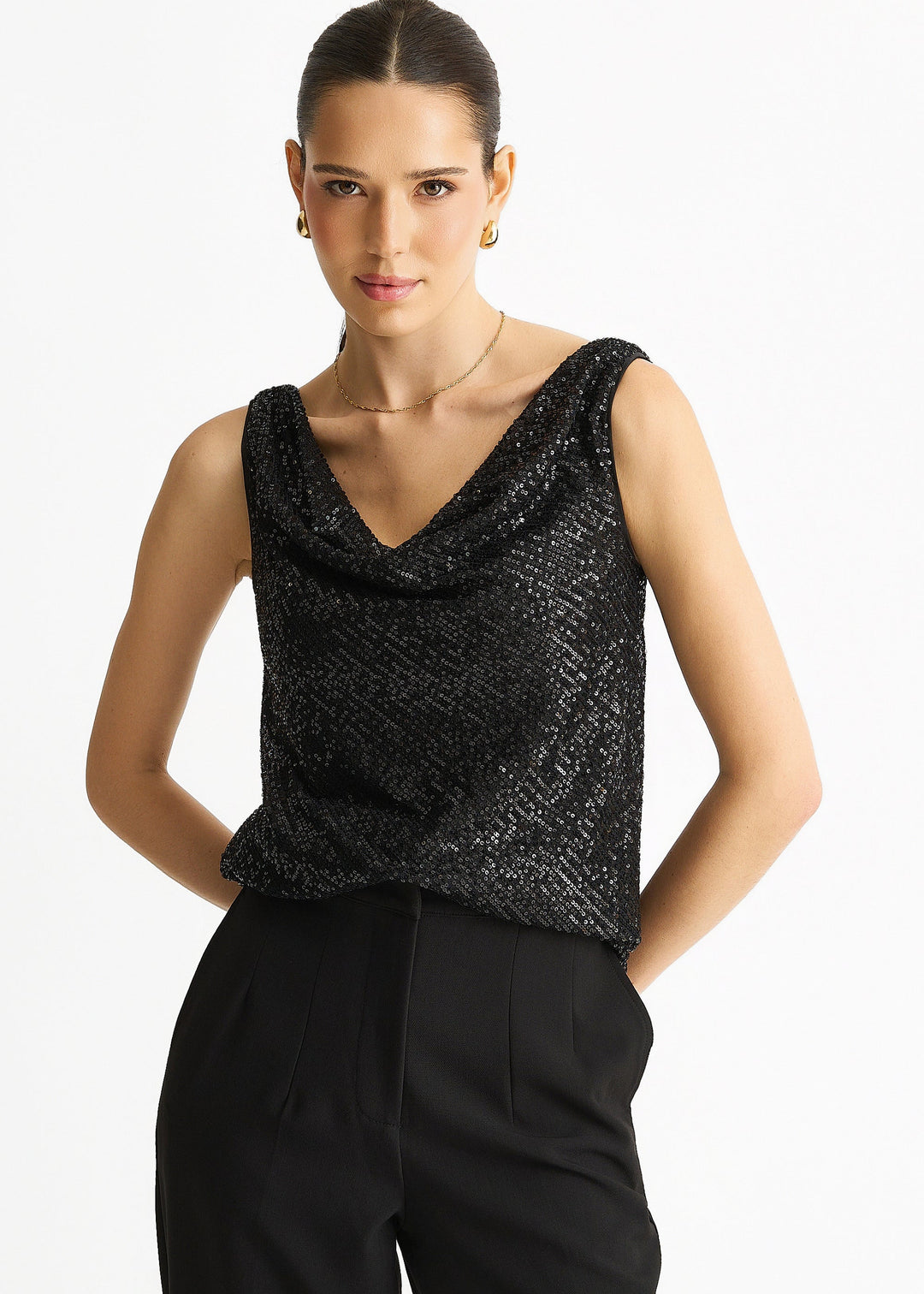 Black Sequin Cowl Neck Cami Top - jqwholesale.com