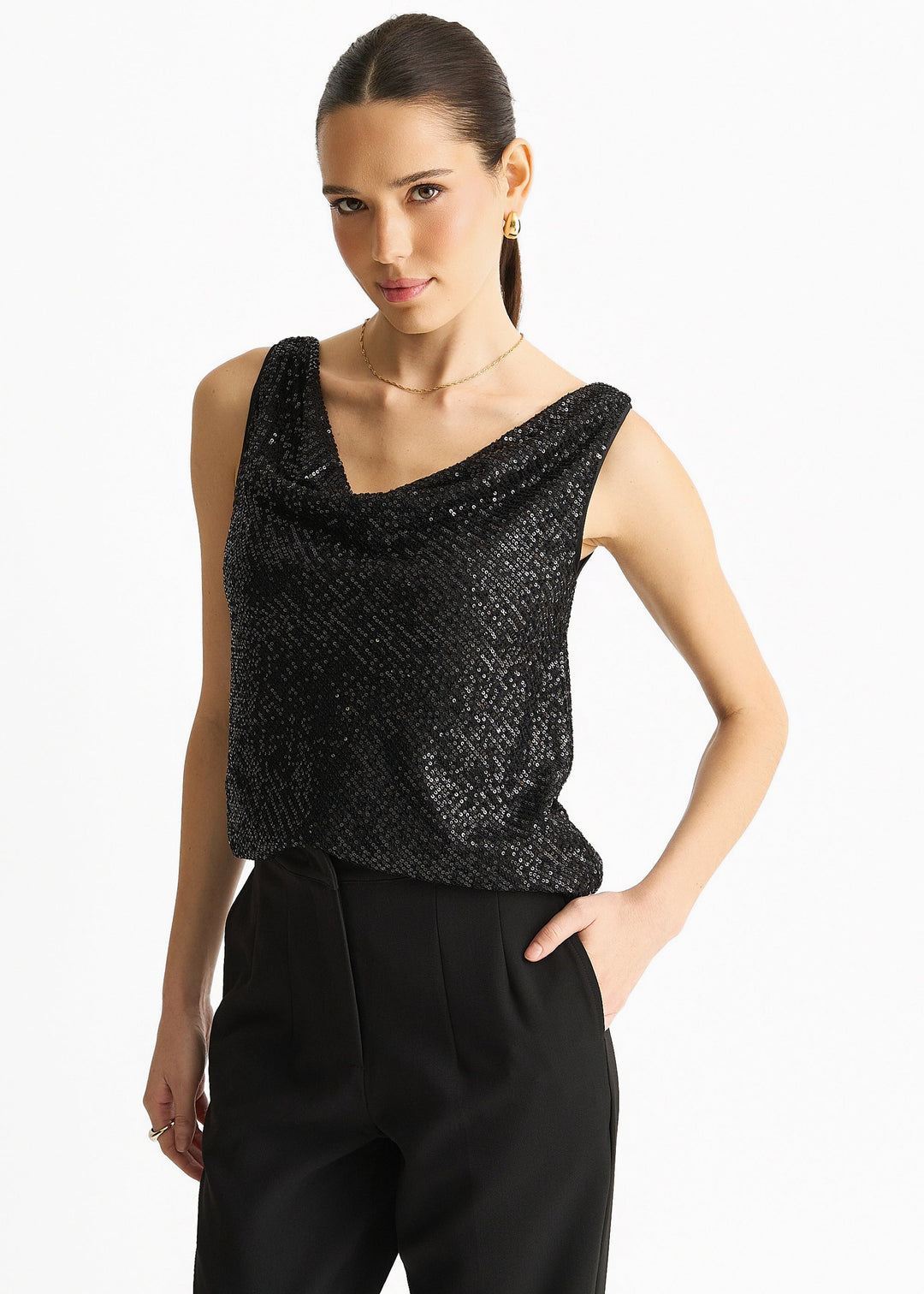 Black Sequin Cowl Neck Cami Top - jqwholesale.com