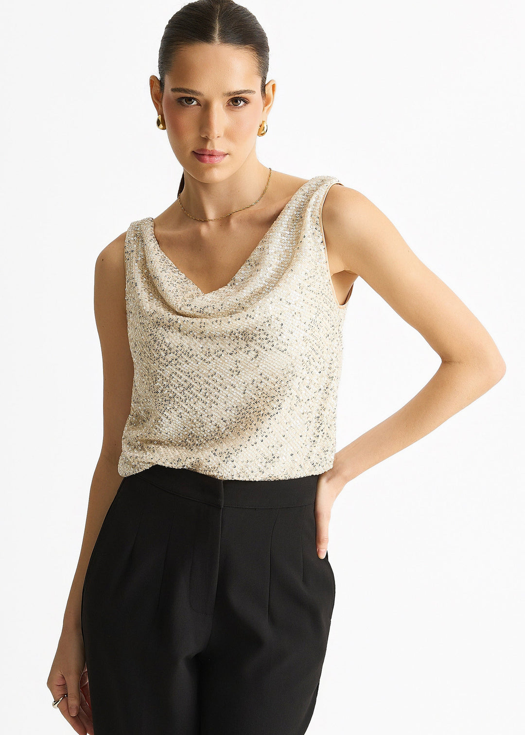 Champagne Sequin Cowl Neck Cami Top - jqwholesale.com