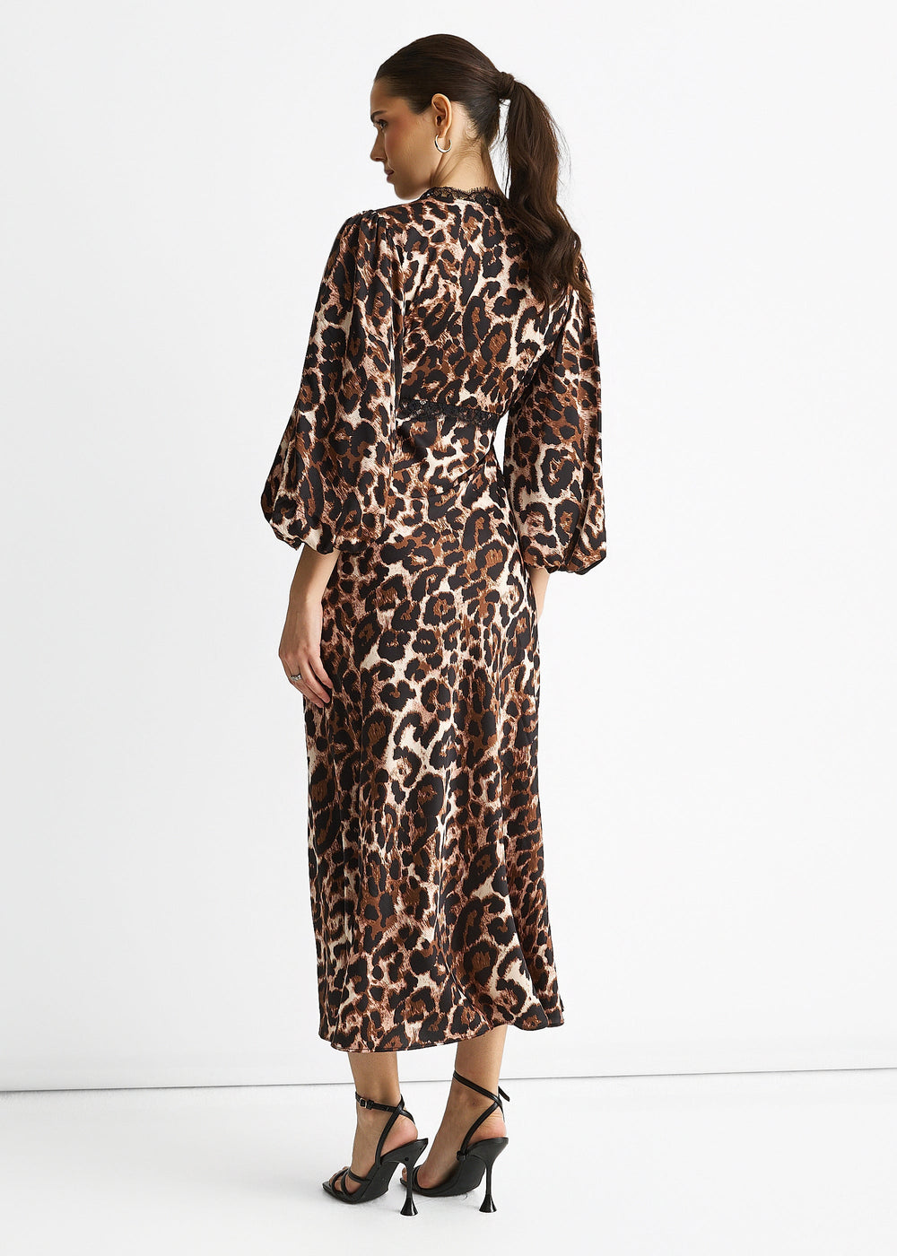 Brown Animal Lace Trim Satin Bias Midi Dress - jqwholesale.com
