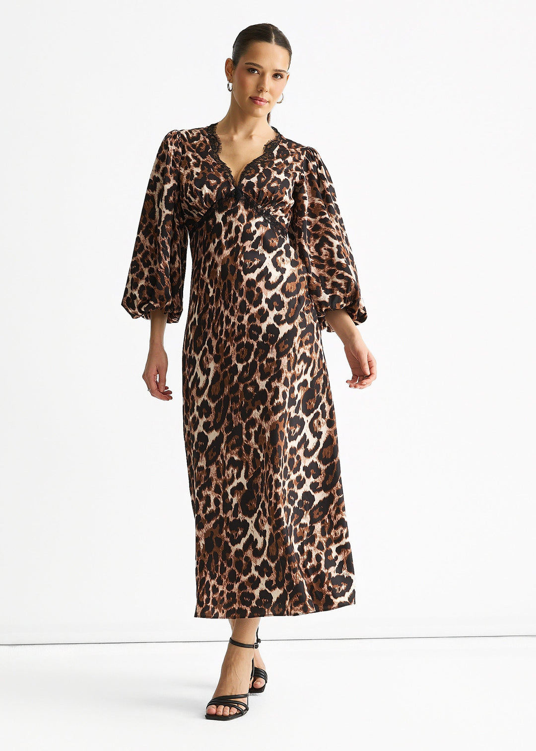 Brown Animal Lace Trim Satin Bias Midi Dress - jqwholesale.com