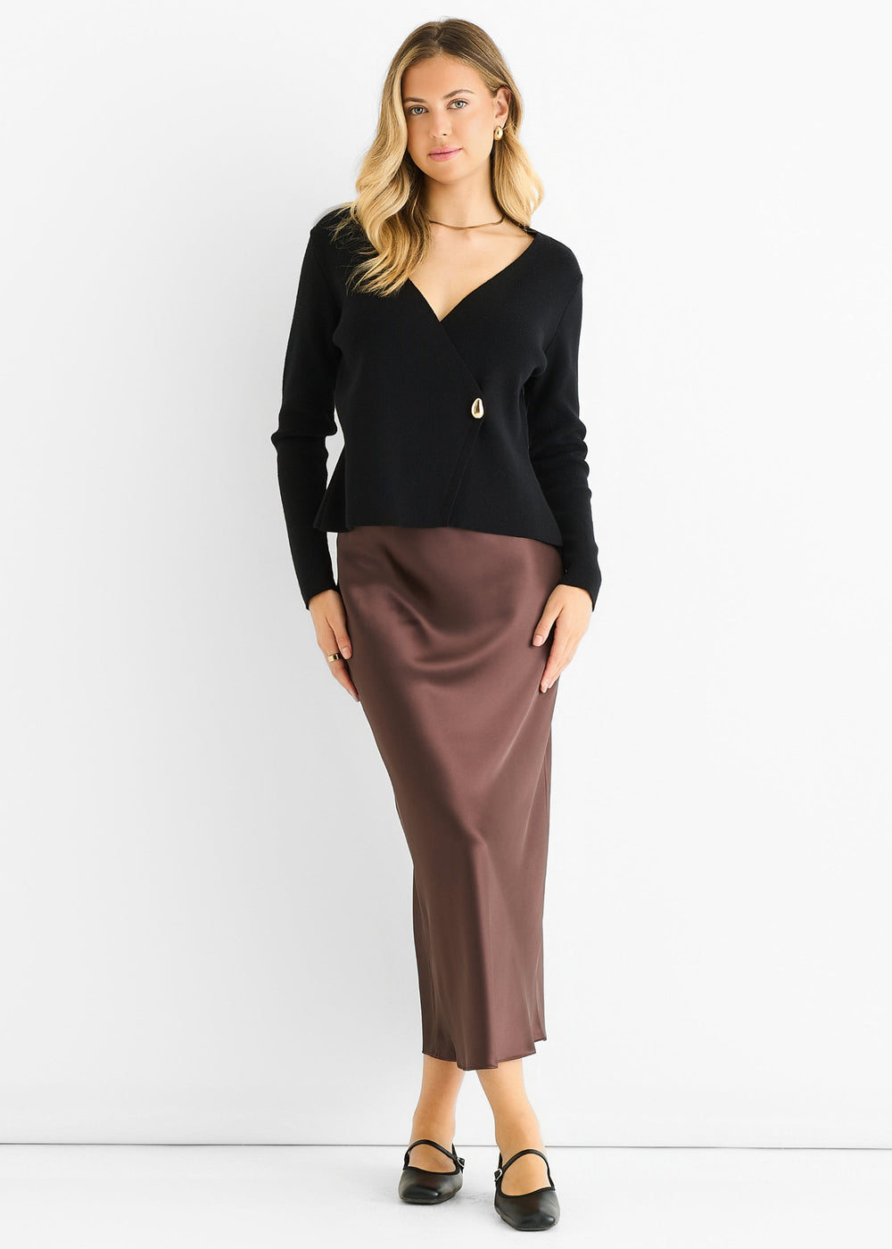 Black Button Wrap Compact Knit Cardigan - jqwholesale.com