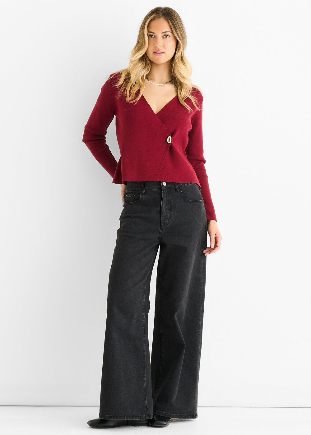 Burgundy Button Wrap Compact Knit Cardigan - jqwholesale.com
