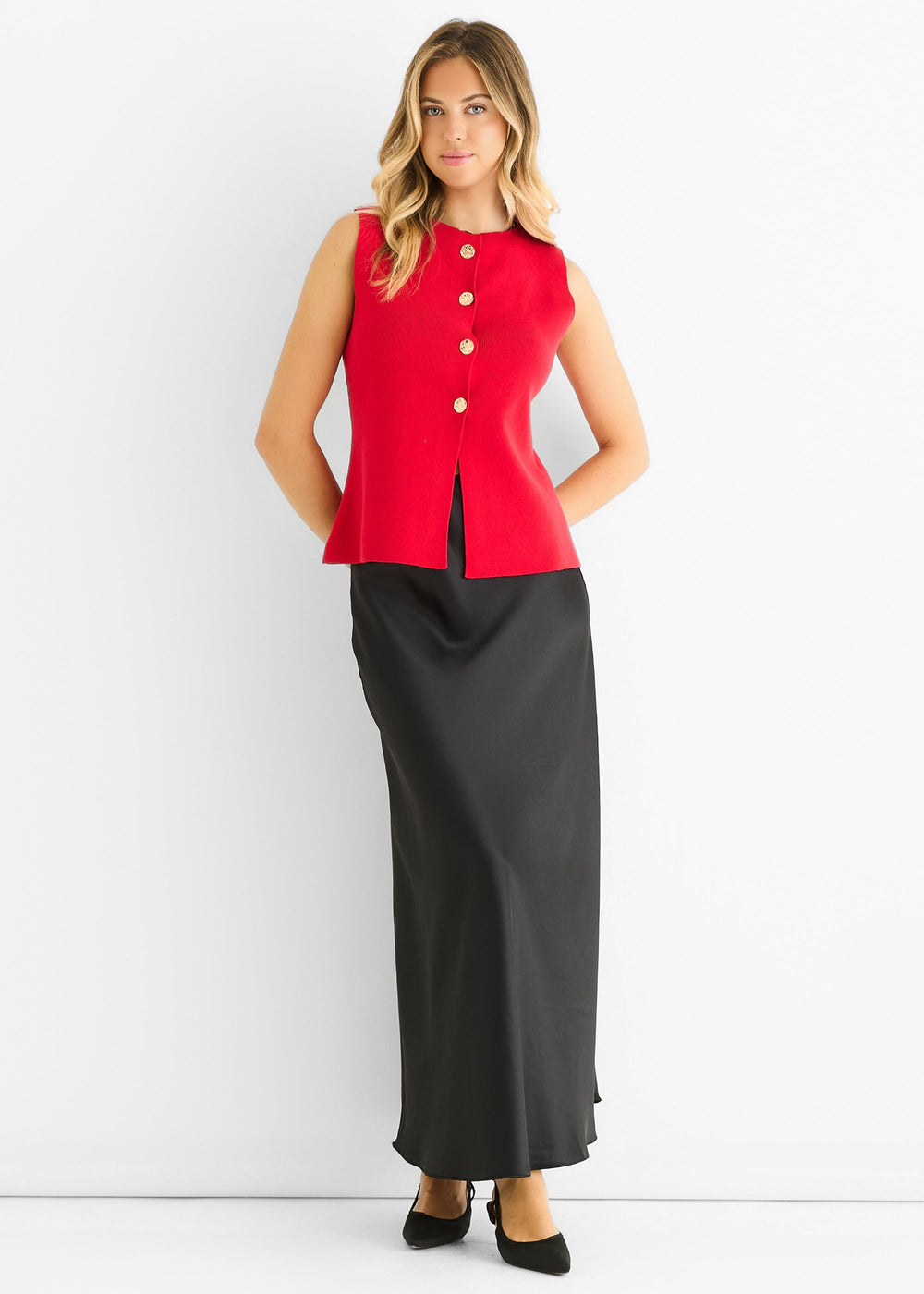 Cherry Red Button Front Compact Knit Waistcoat - jqwholesale.com