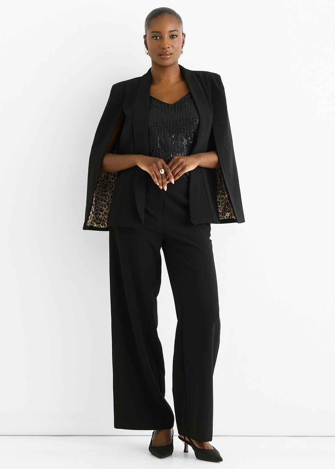 Black Contrast Animal Lining Tailoring Cape Blazer - jqwholesale.com