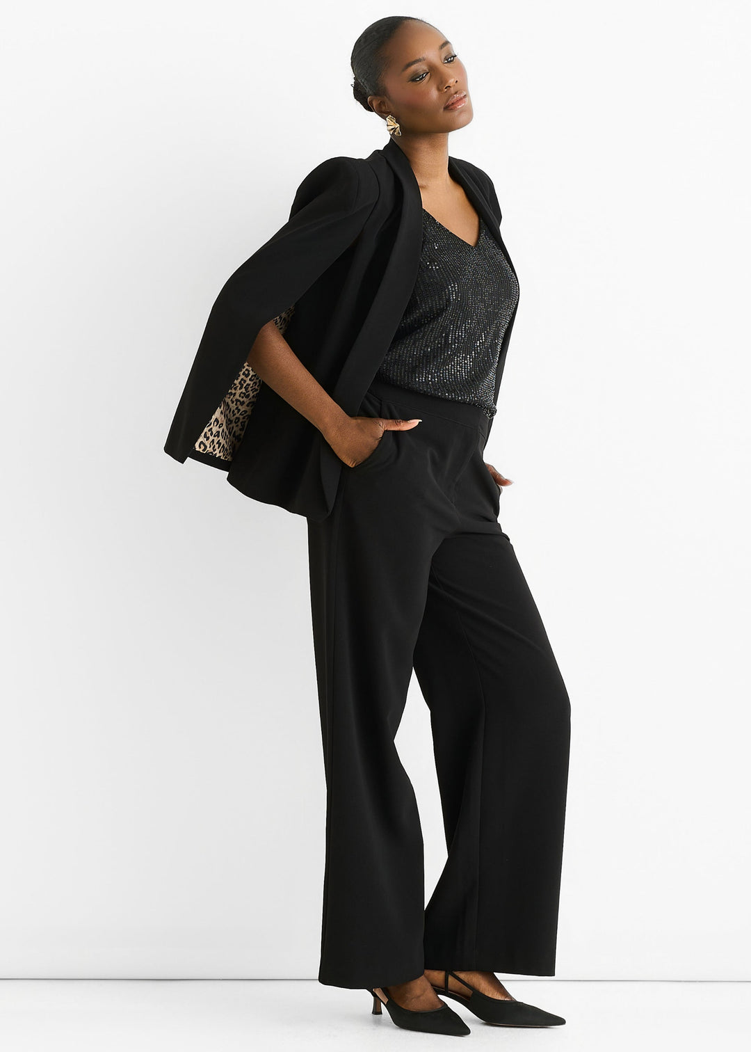 Black Contrast Animal Lining Tailoring Cape Blazer - jqwholesale.com