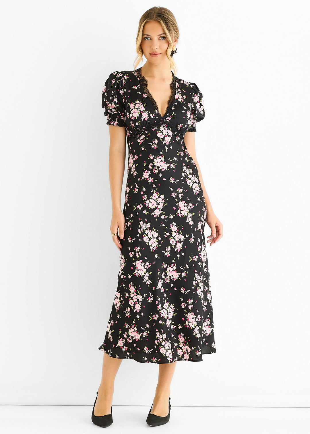 Black Floral Lace Trim Bias Midi Dress - jqwholesale.com