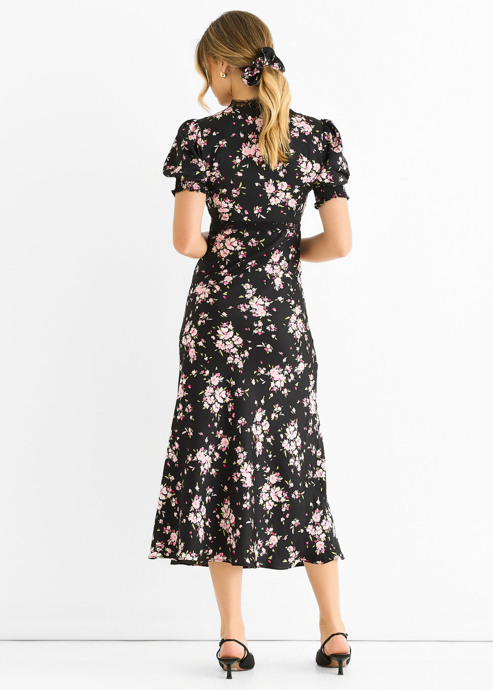 Black Floral Lace Trim Bias Midi Dress - jqwholesale.com