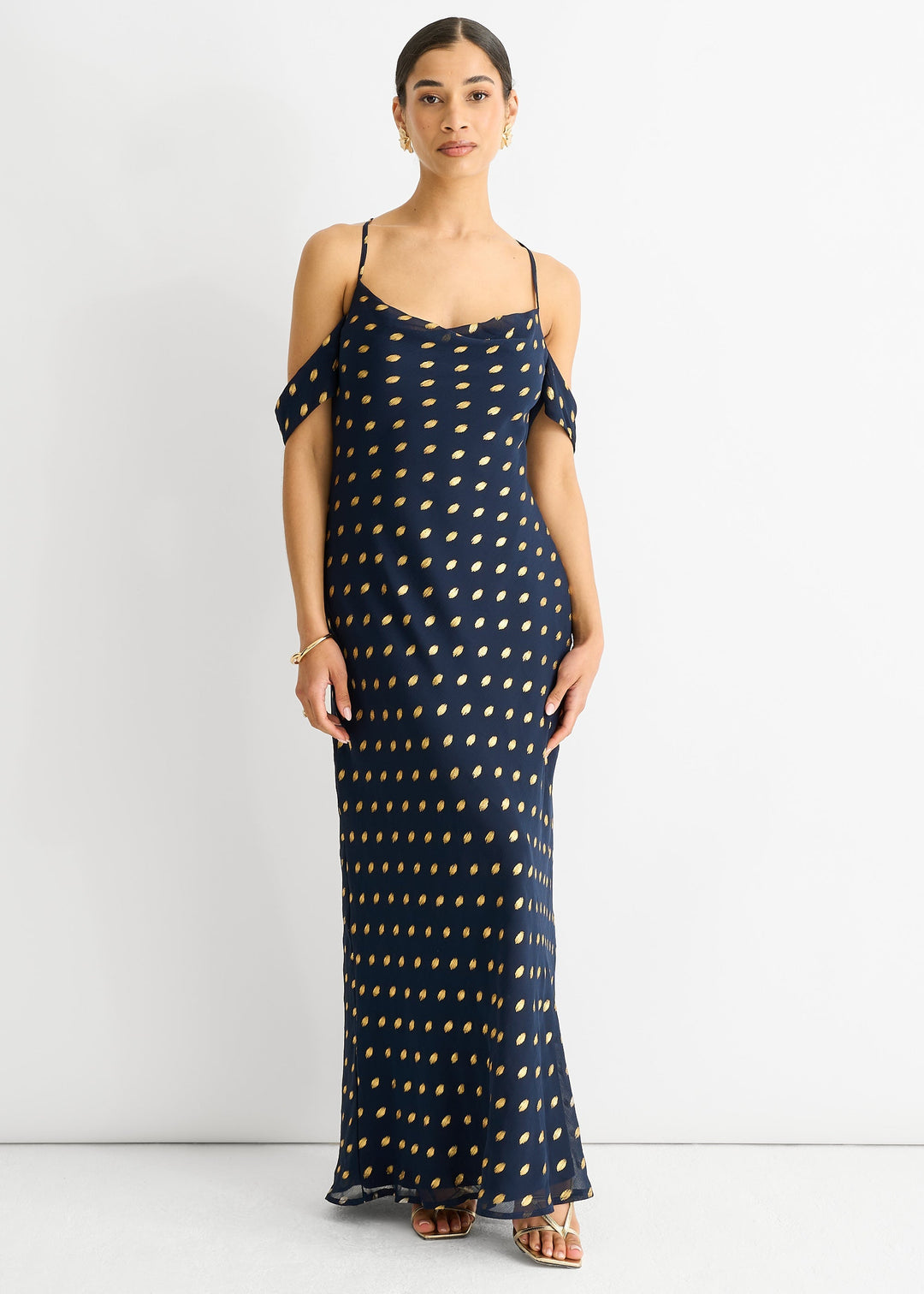 Navy Cowl Neck Drop Sleeves Foil Maxi Dress - jqwholesale.com