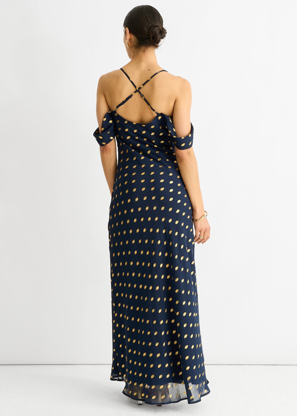 Navy Cowl Neck Drop Sleeves Foil Maxi Dress - jqwholesale.com