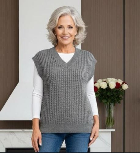 Oversized V Mini Cable Slipover Knit Vest - jqwholesale.com