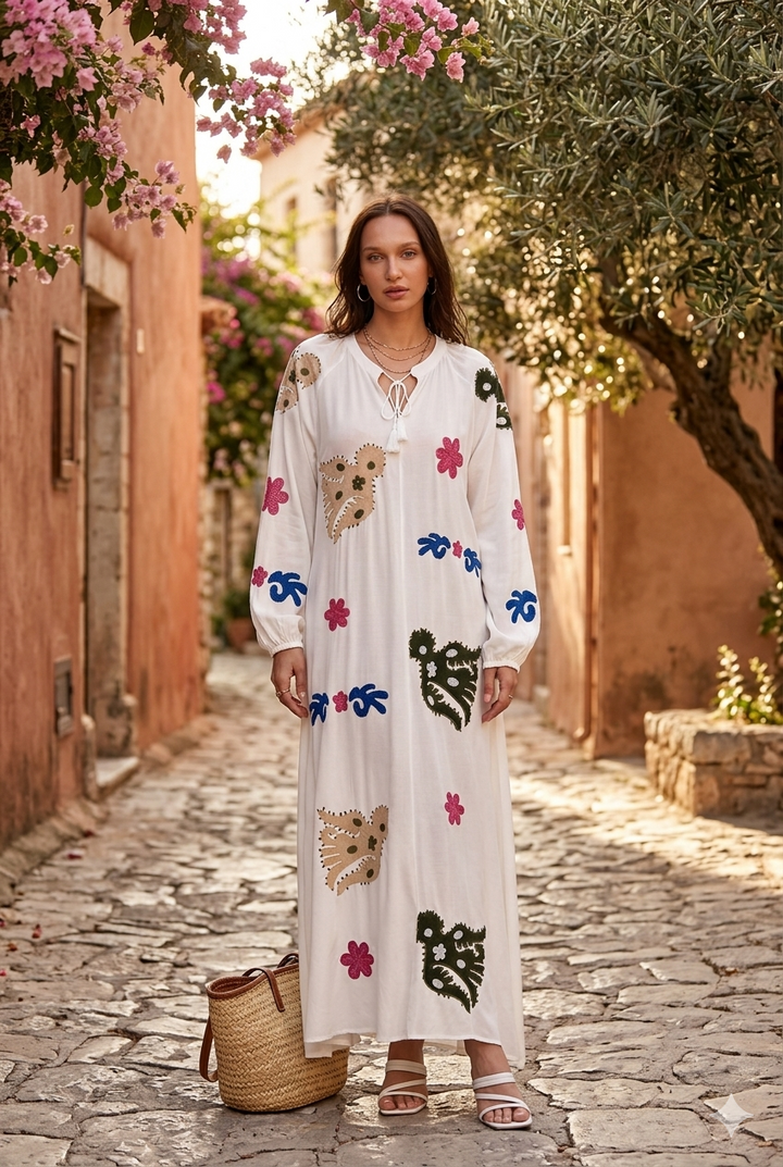 Embroidered Maxi Dress with Statement Motifs in White