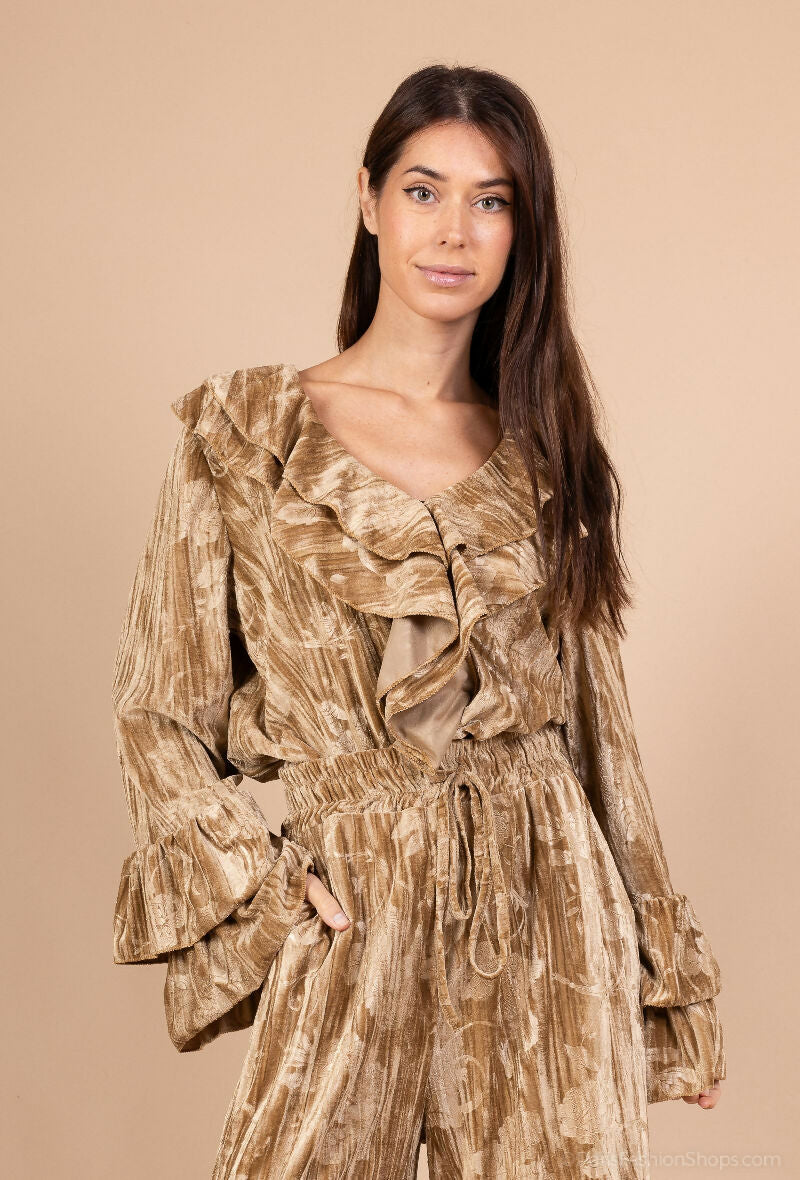 Embroidered Velvet Ruffle Blouse