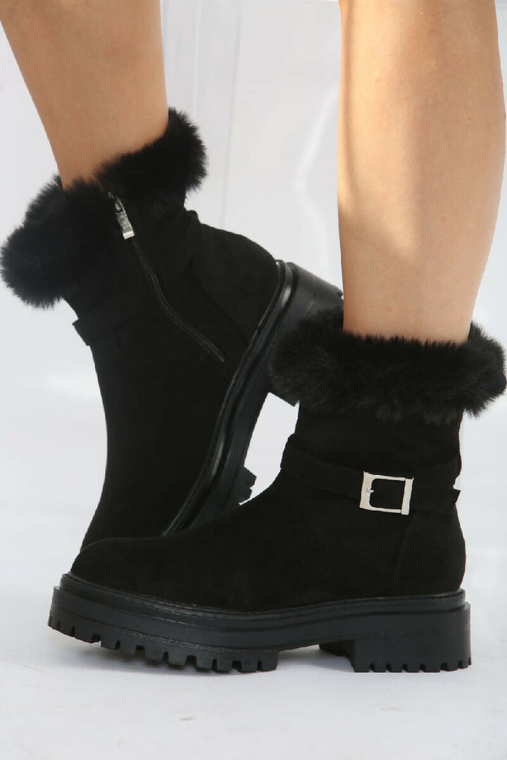 Black Faux Fur Collar Buckle Ankle Boot (PACK OF 12 PAIRS UK3-UK8) - jqwholesale.com