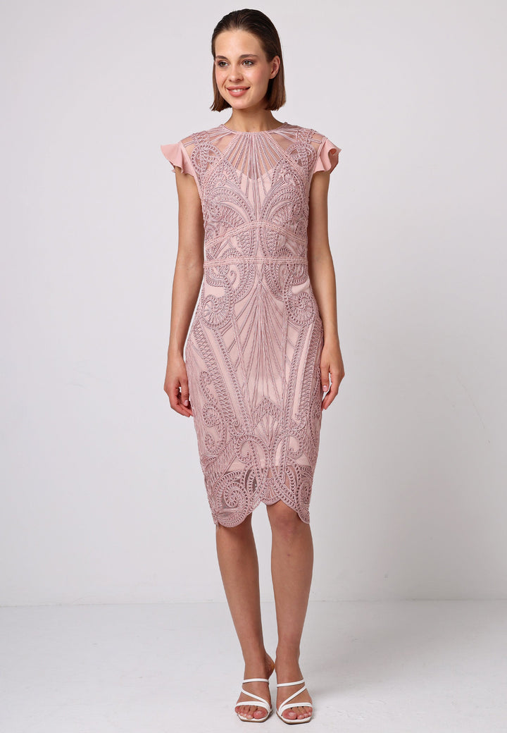 Bodycon Lace Midi Dress In Rose Pink - ANGELEYE