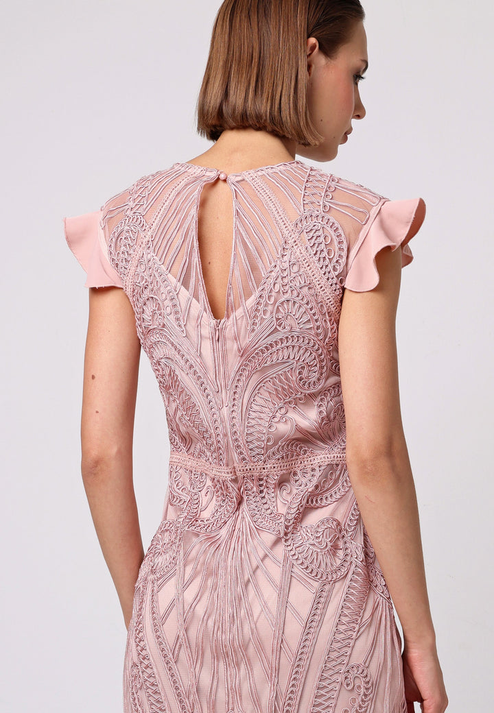 Bodycon Lace Midi Dress In Rose Pink - ANGELEYE