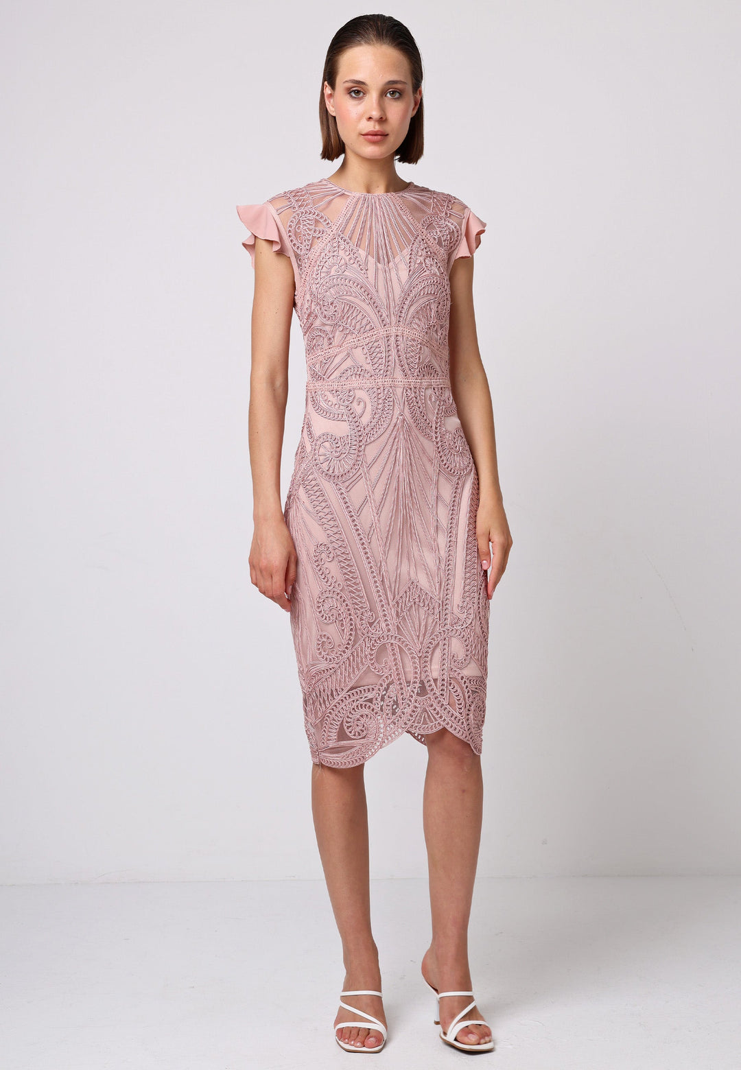 Bodycon Lace Midi Dress In Rose Pink - ANGELEYE