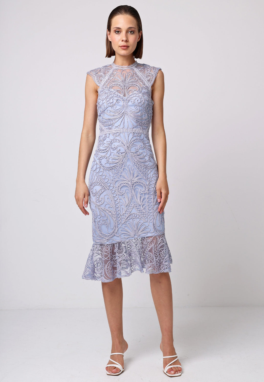 Bodycon Lace Midi Dress In Lavender - ANGELEYE