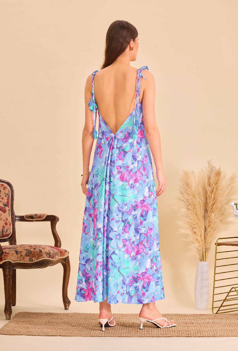 Long bohemian silk backless dress - Blue