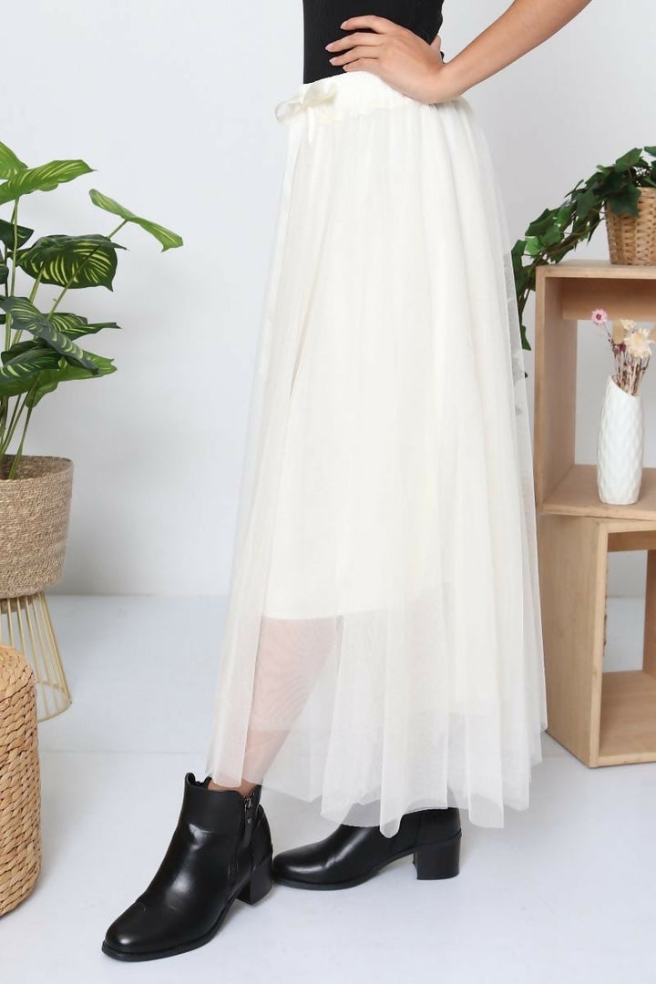 White tulle mid-length skirt - Beige