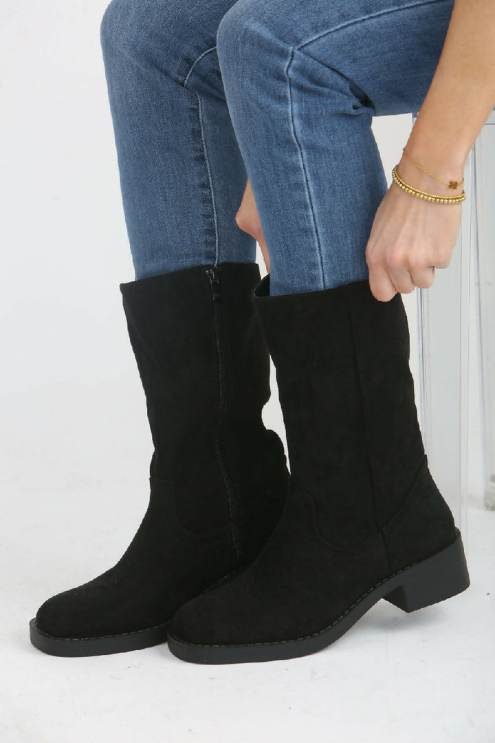 Black Suede Designer Calf High Flat Boot (PACK OF 12 PAIRS UK3-UK8)