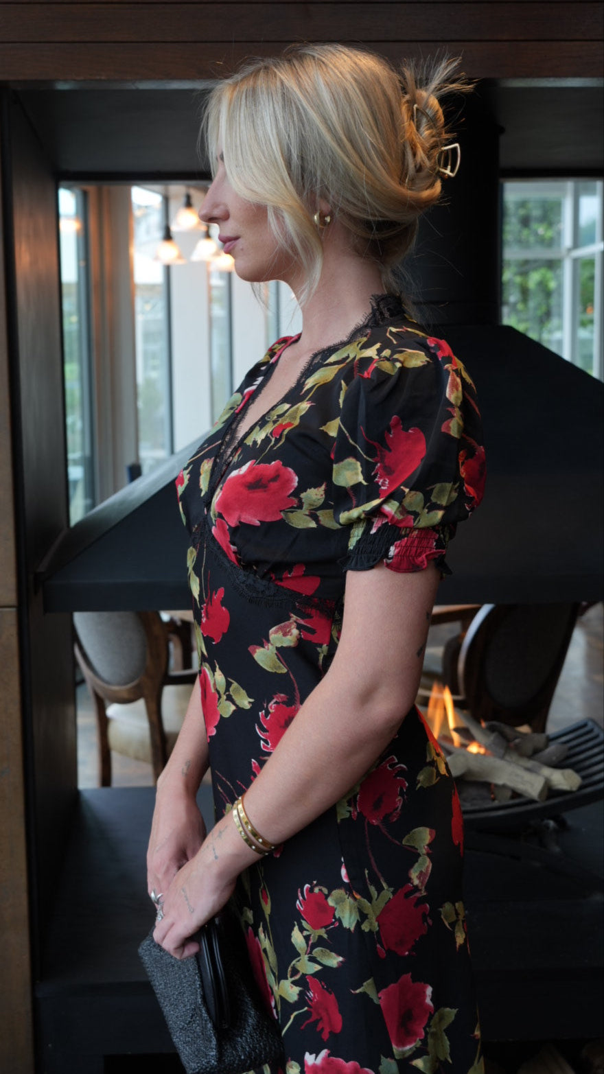 Black Floral Lace Trim Detail Midi Dress - jqwholesale.com