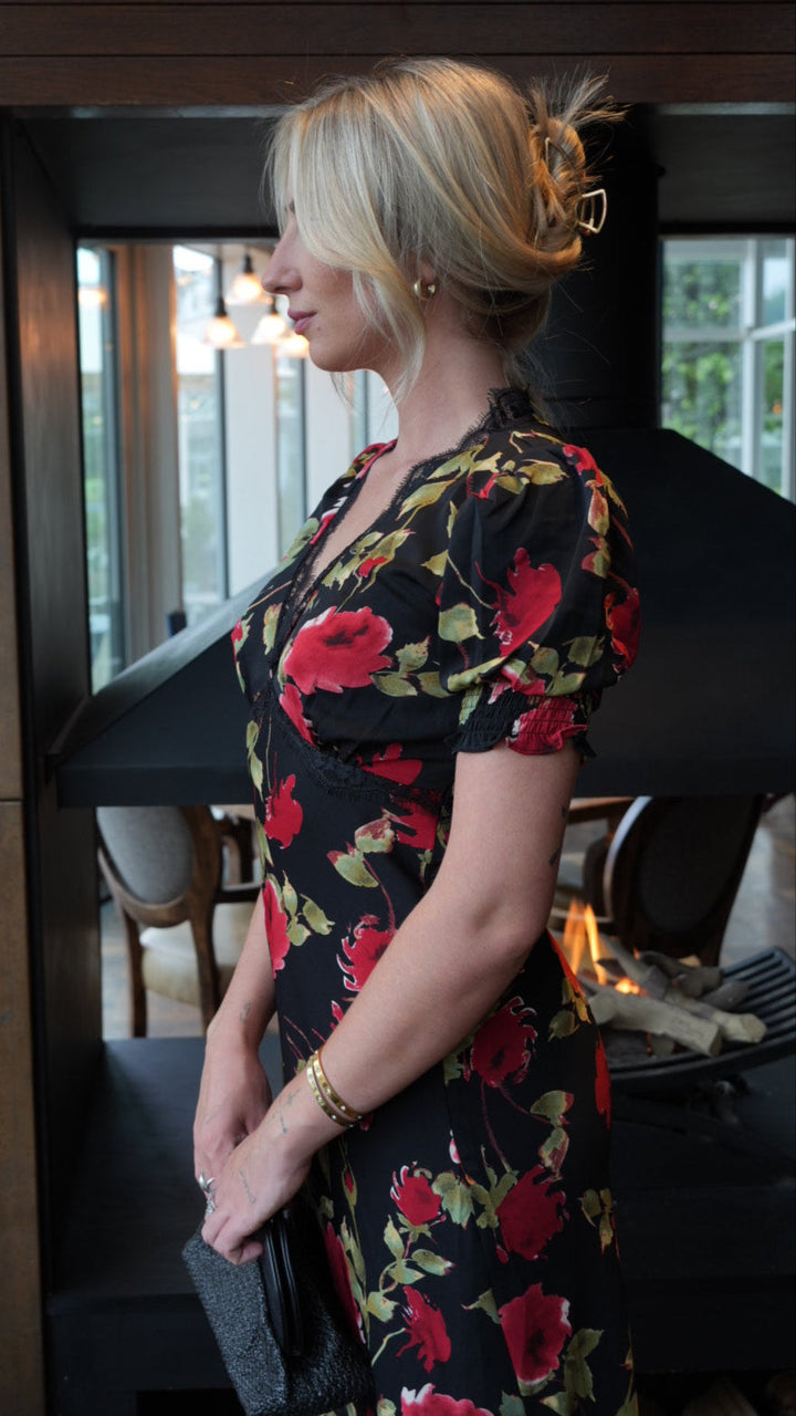 Black Floral Lace Trim Detail Midi Dress - jqwholesale.com