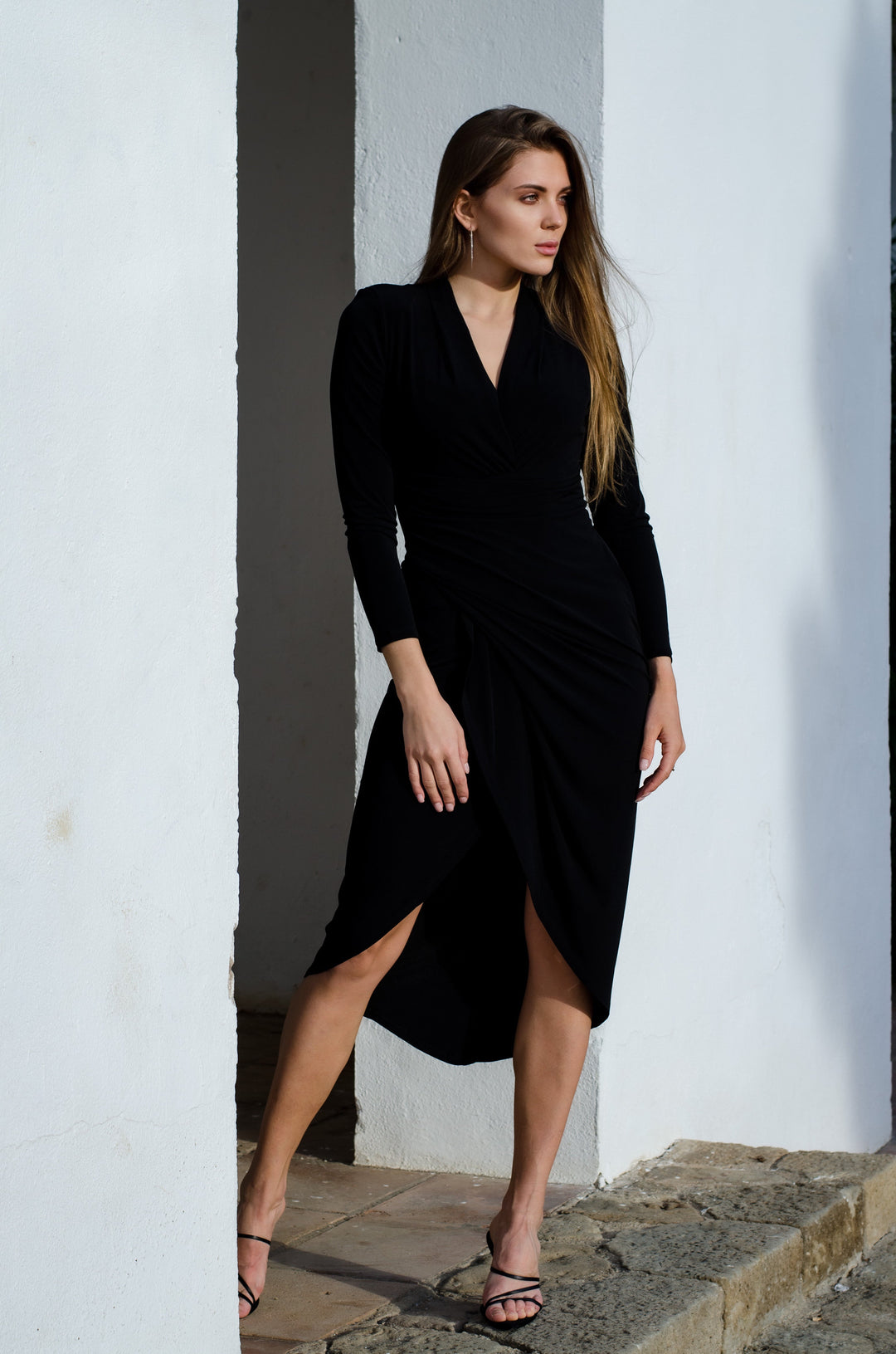 Wrap Midi dress with front Slit in Black colour - jqwholesale.com