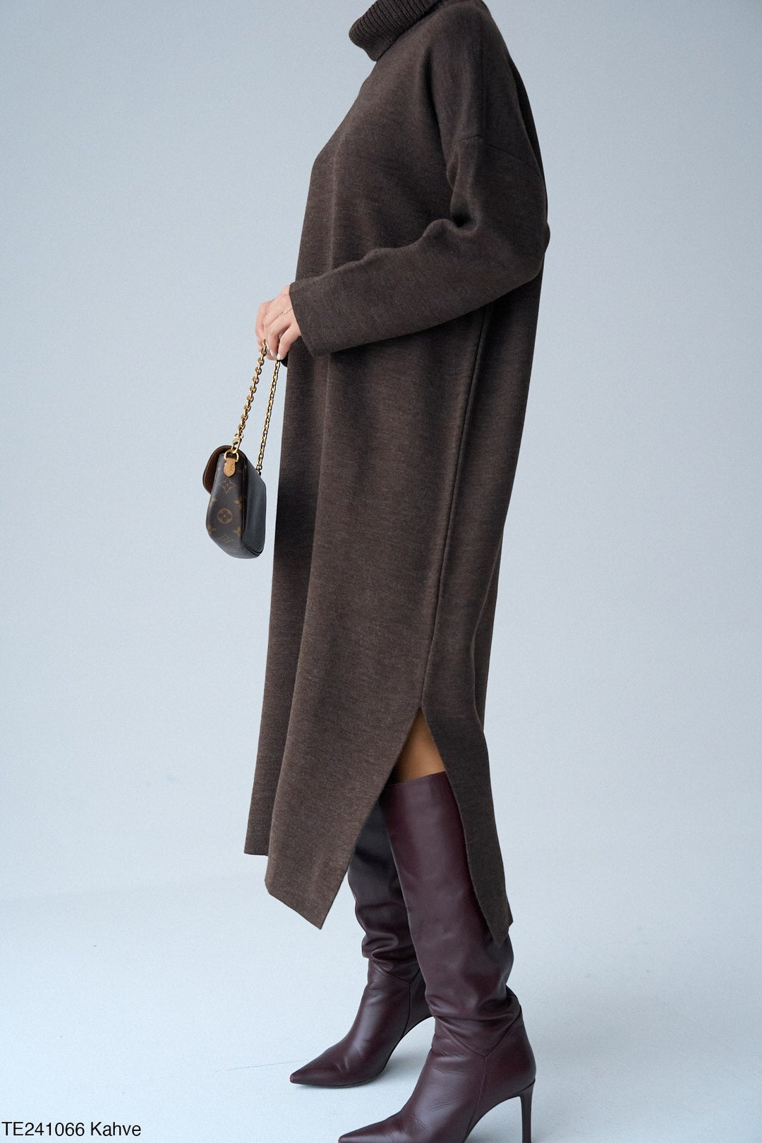 Roll-Neck Relaxed Knit Dress in Chocolate