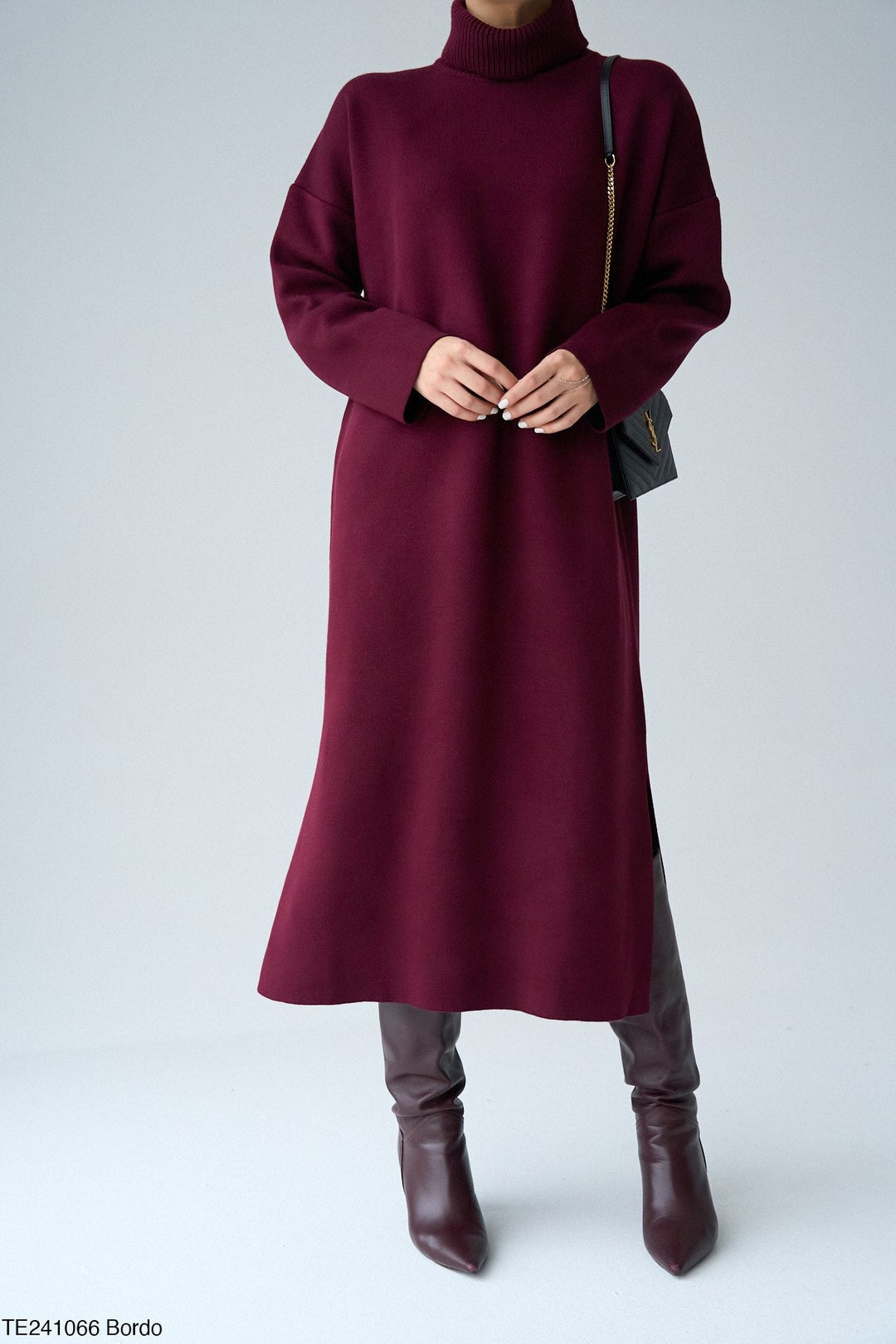 Roll-Neck Relaxed Knit Dress in Bordeaux