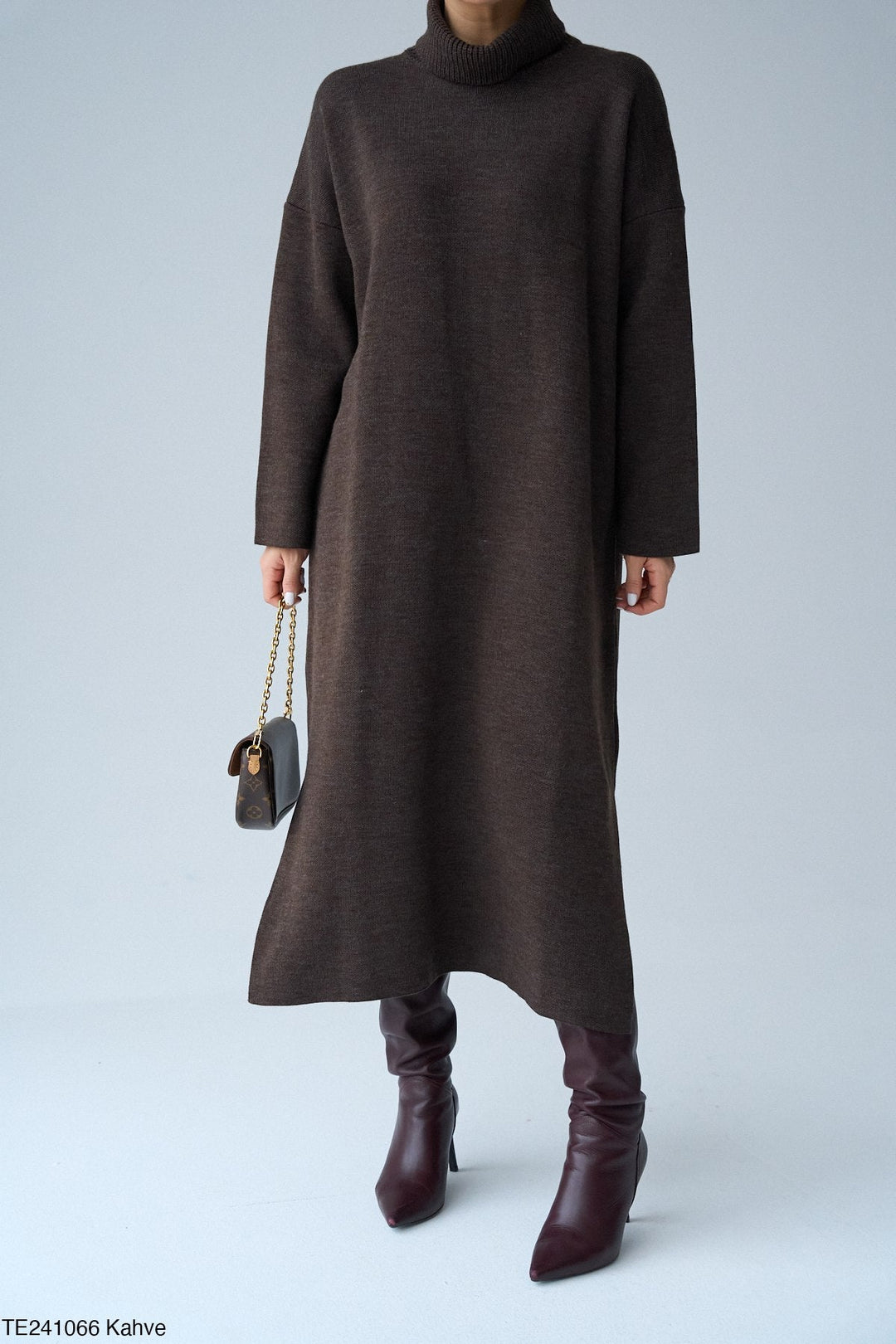 Roll-Neck Relaxed Knit Dress in Chocolate