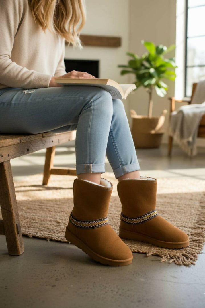 CHESTNUT FOLD OVER EMBROIDED AZTEC DETAIL FULLY FUR LINED BOOT (PACK OF 12 PAIRS UK3-UK8) - jqwholesale.com