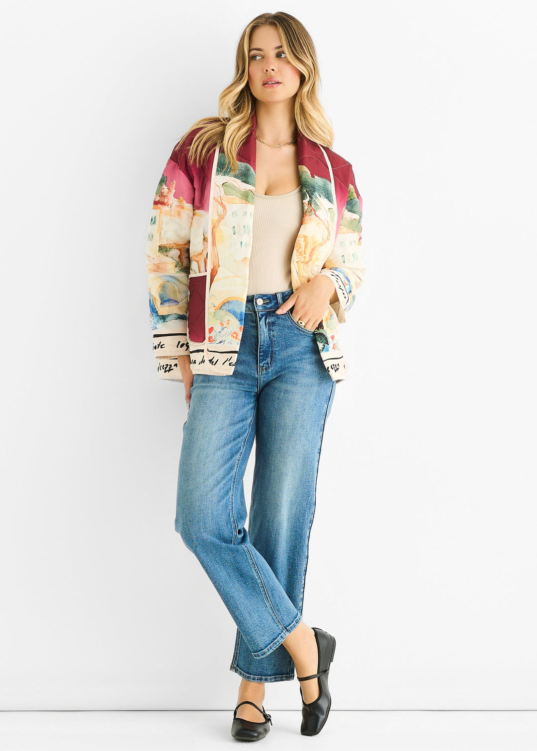 Burgundy Water Print Lightweight Quilted Jacket - jqwholesale.com