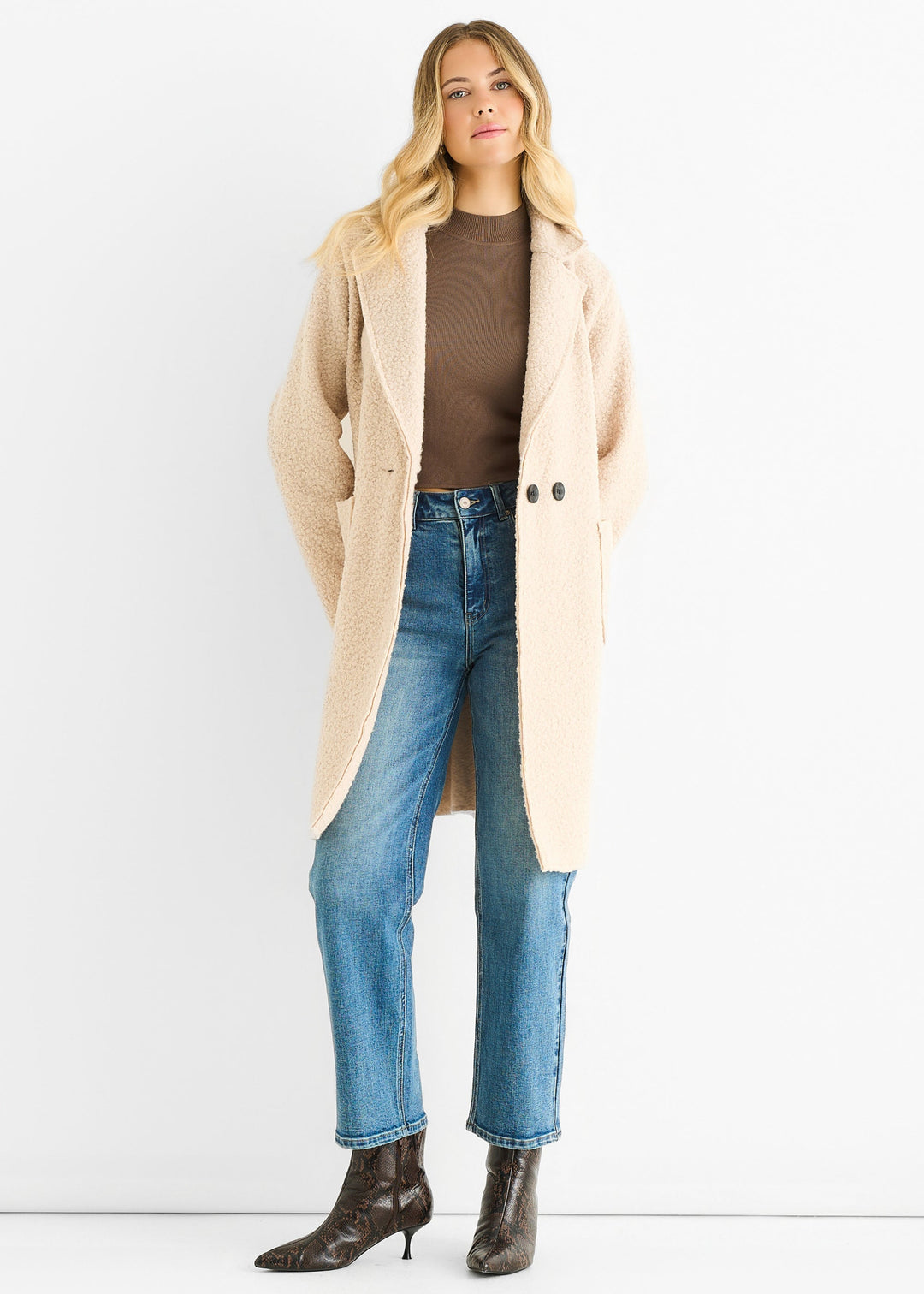 Beige Shearling Mid Length Double Breasted Jacket - jqwholesale.com