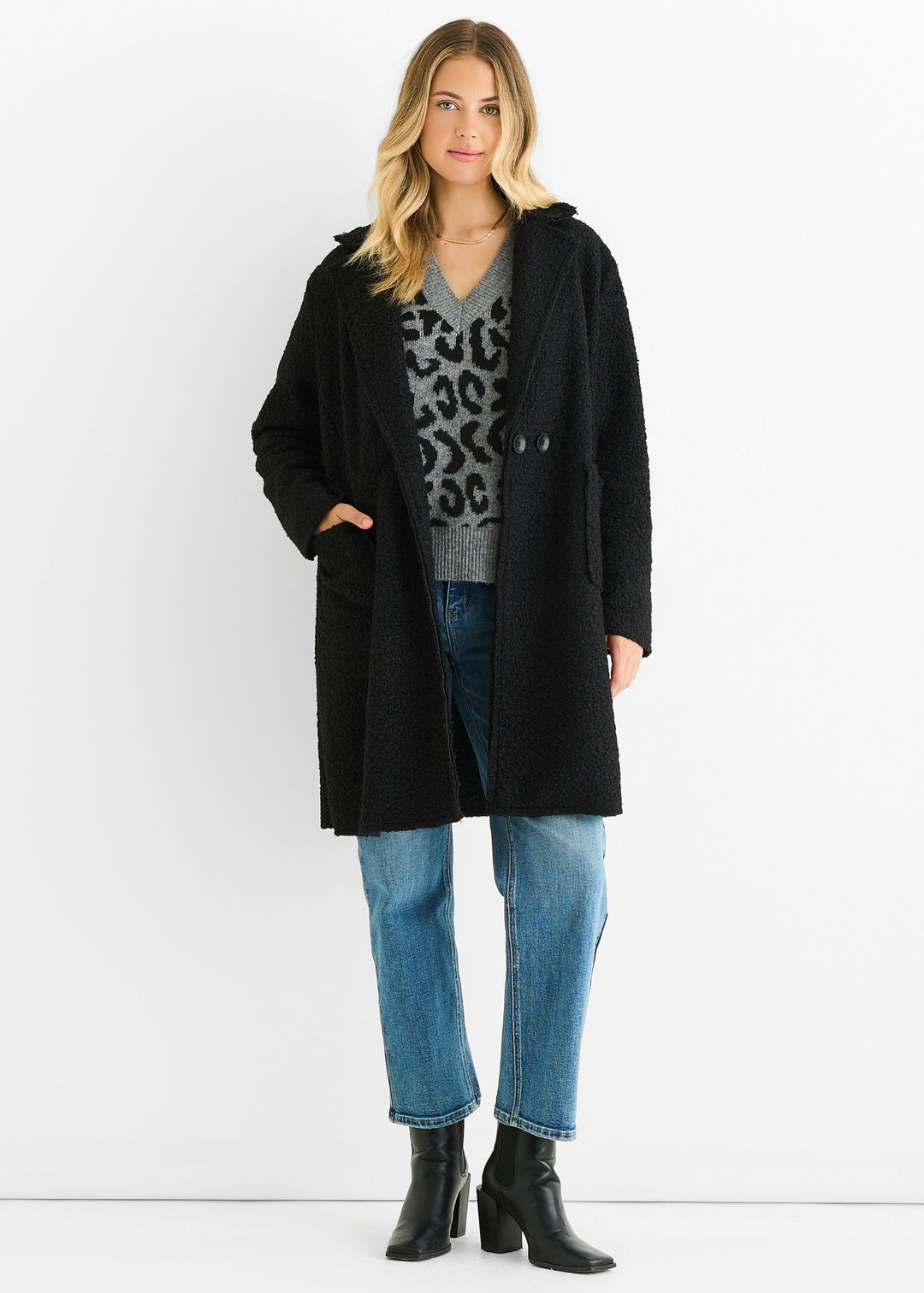 Black Shearling Mid Length Double Breasted Jacket - jqwholesale.com